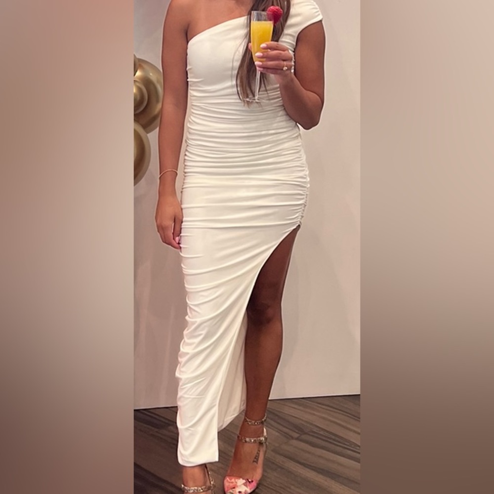 Club L London White Asymmetric One Shoulder Ruched Dress